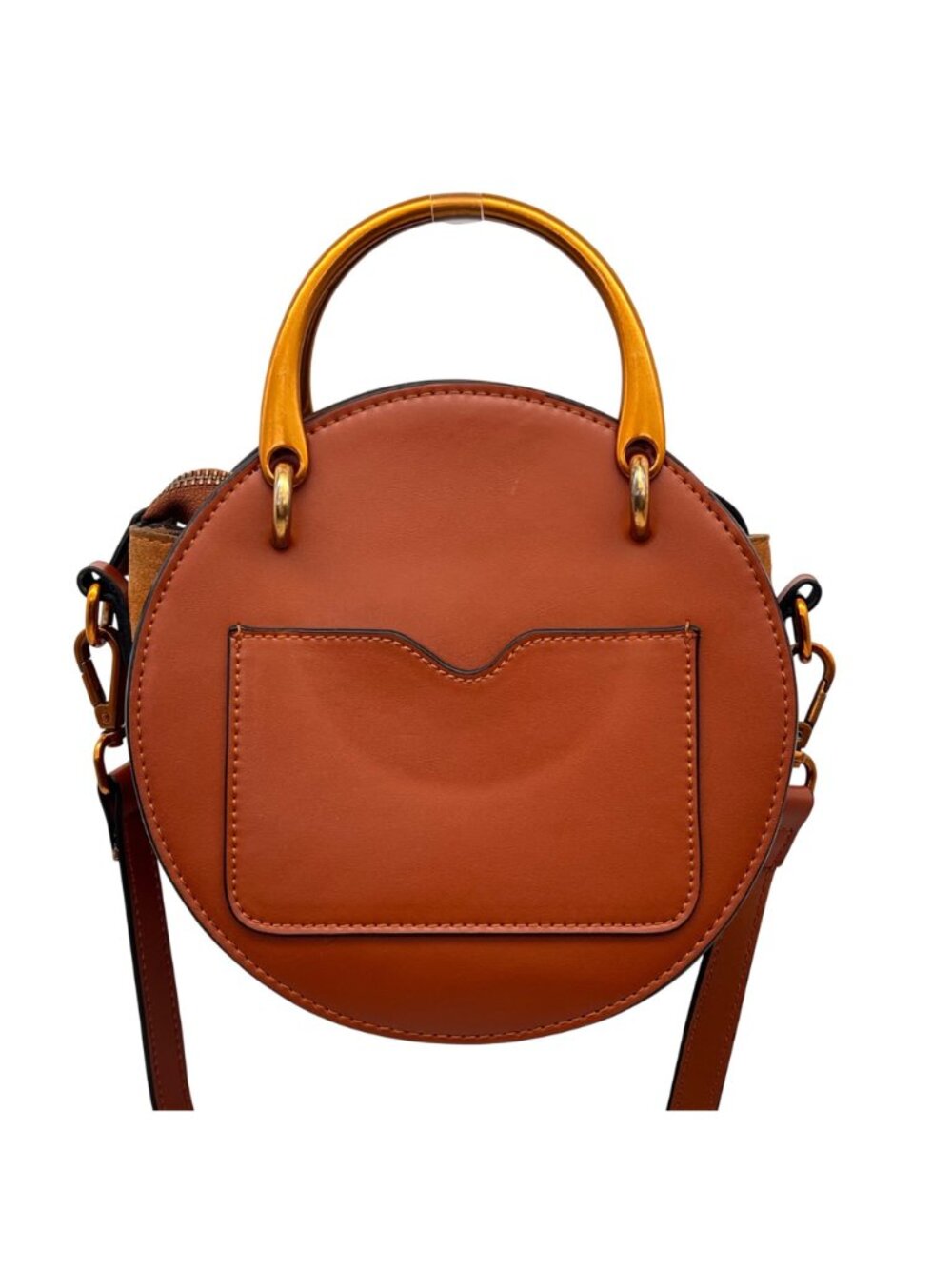 Round Leather Crossbody Bag With Gold Handles And Adjustable Strap Brown & Suede - Picture 9 of 14